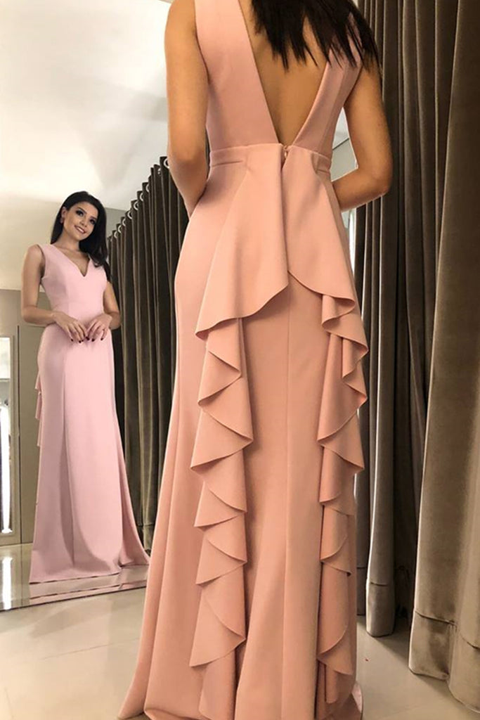 MACloth Straps V Neck Sheath Long Prom Dress Pink Formal Evening Gown