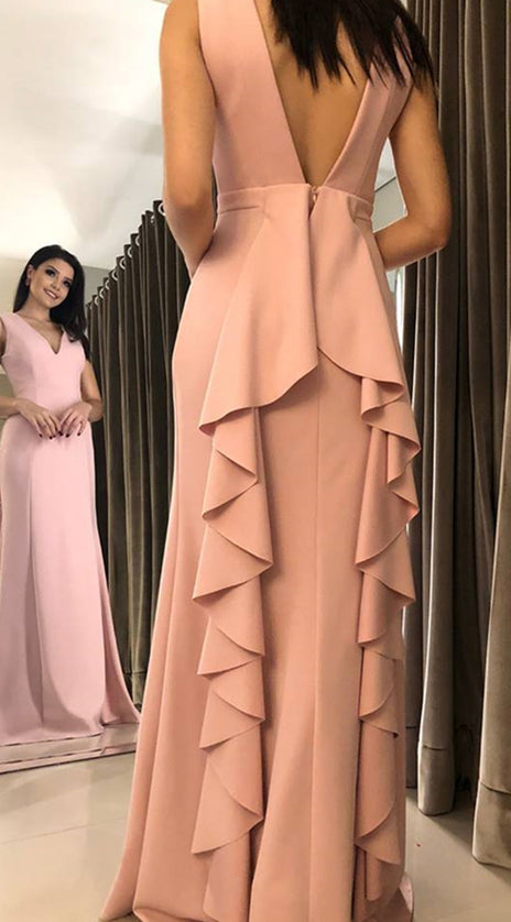 MACloth Straps V Neck Sheath Long Prom Dress Pink Formal Evening Gown