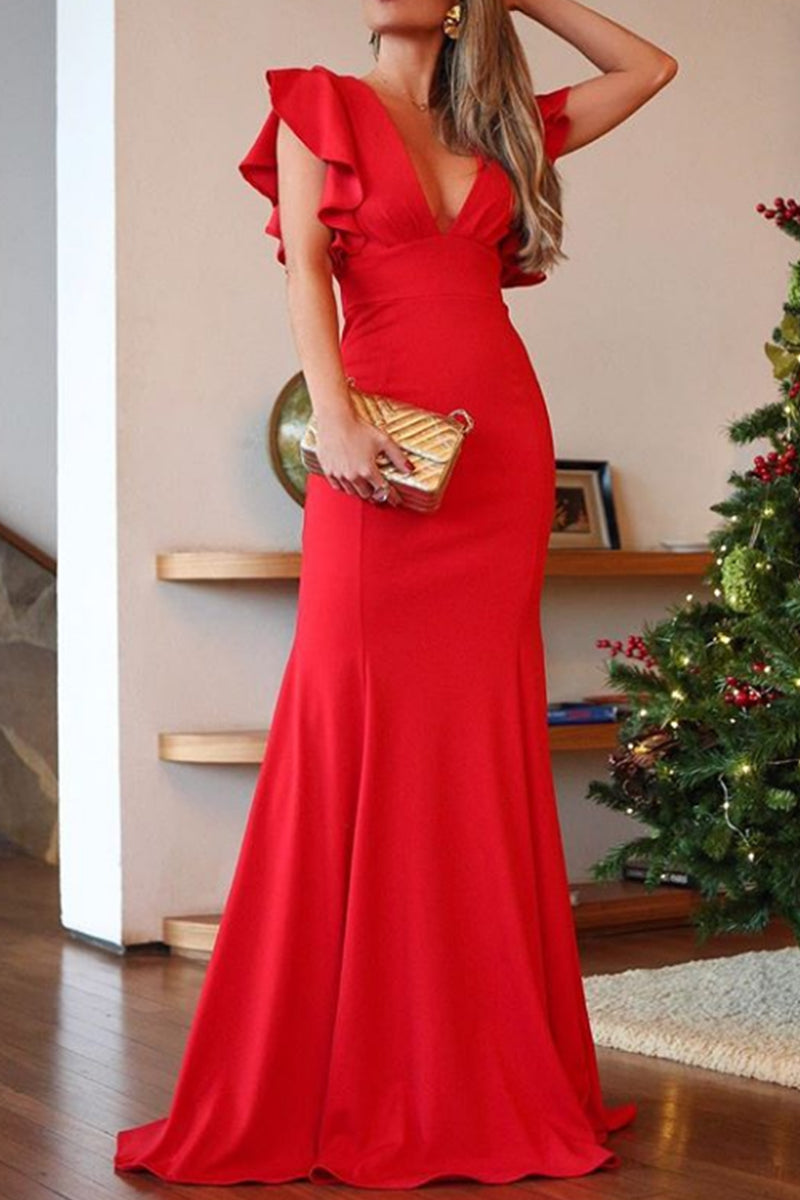 MACloth formelles Abendkleid mit Rüschenärmeln, V-Ausschnitt und Etuikleid