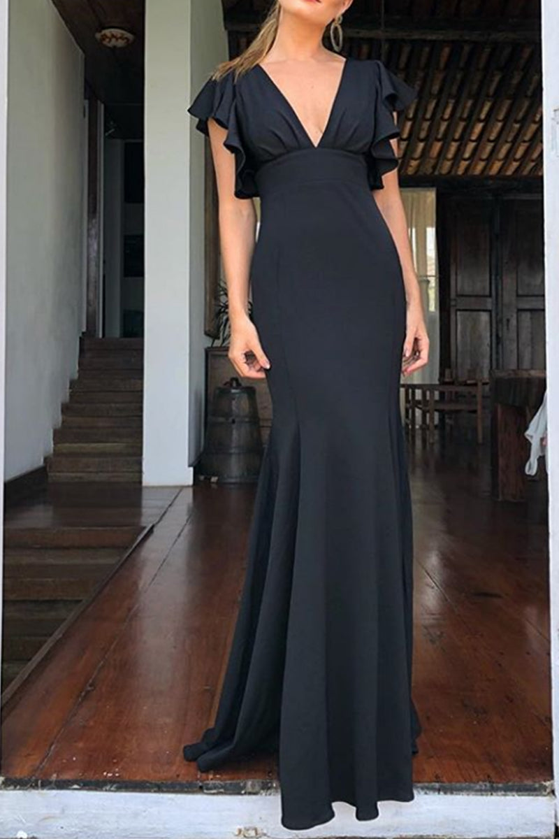 MACloth formelles Abendkleid mit Rüschenärmeln, V-Ausschnitt und Etuikleid