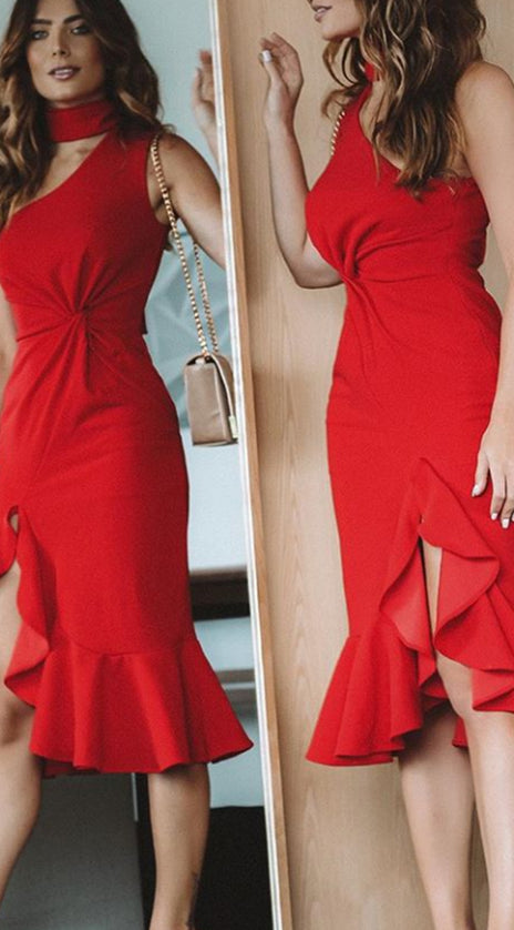 MACloth One Shoulder Sheath Midi Formal Party Dress Red Cocktail Dress