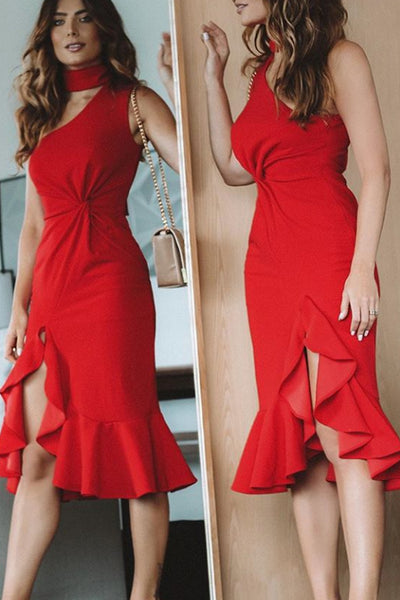 MACloth One Shoulder Sheath Midi Formal Party Dress Red Cocktail Dress