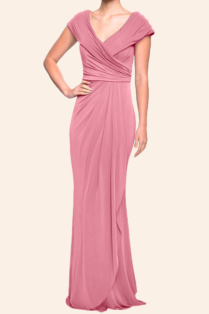 MACloth Cap Sleeves V neck Jersey Long Mother of the Brides Dress Dusty Rose Evening Gown
