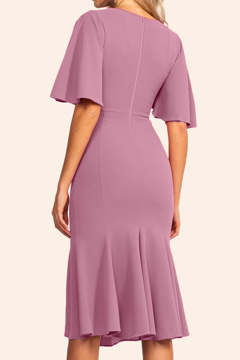 pink cocktail dress with sleeves MACloth Short Sleeves Midi Pink Cocktail Dress Jersey Tea Length Formal Party Dress Wisteria / Above Knee / US6