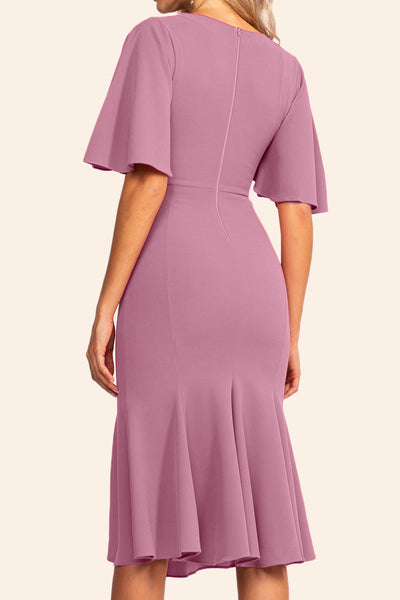MACloth Short Sleeves Midi Pink Cocktail Dress Jersey Tea Length Formal Party Dress