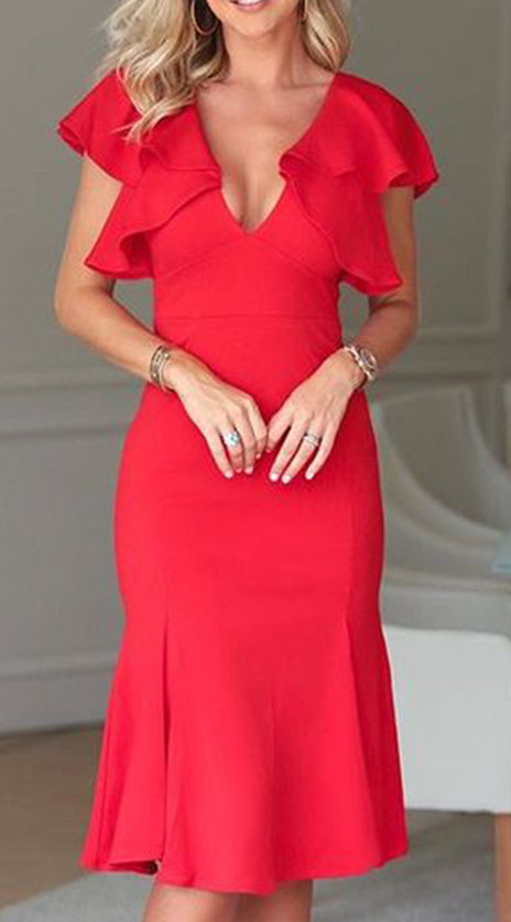 MACloth Cap Sleeves V neck Midi Red Cocktail Dress Jersey Formal Party Dress
