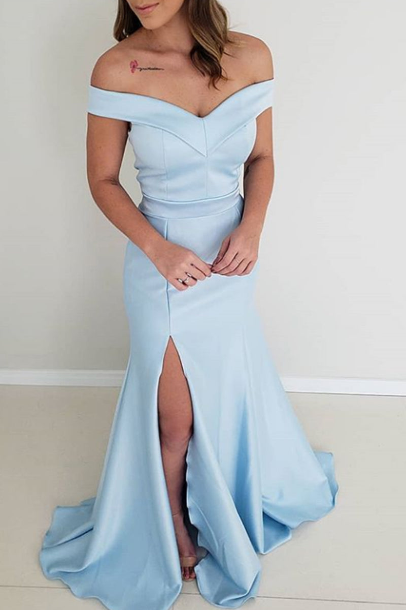 Vestido de fiesta de satén con hombros descubiertos y corte sirena de MACloth, vestido de noche formal rojo