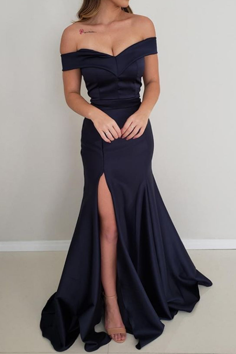 Vestido de fiesta de satén con hombros descubiertos y corte sirena de MACloth, vestido de noche formal rojo