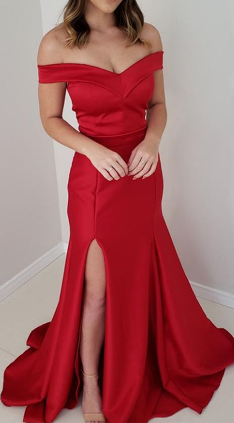 MACloth Mermaid Off the Shoulder Satin Prom Dress Red Formal Evening Gown