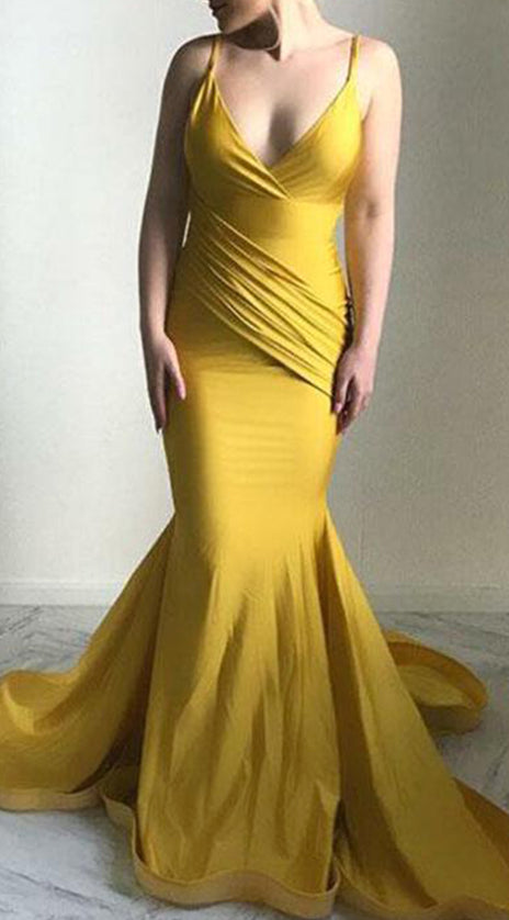 MACloth V Neck Jersey Gold Pageant Prom Gown Formal Evening Dress