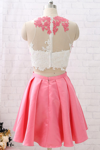 MACloth Two Piece Lace Satin Mini Pink Prom Homecoming Dress