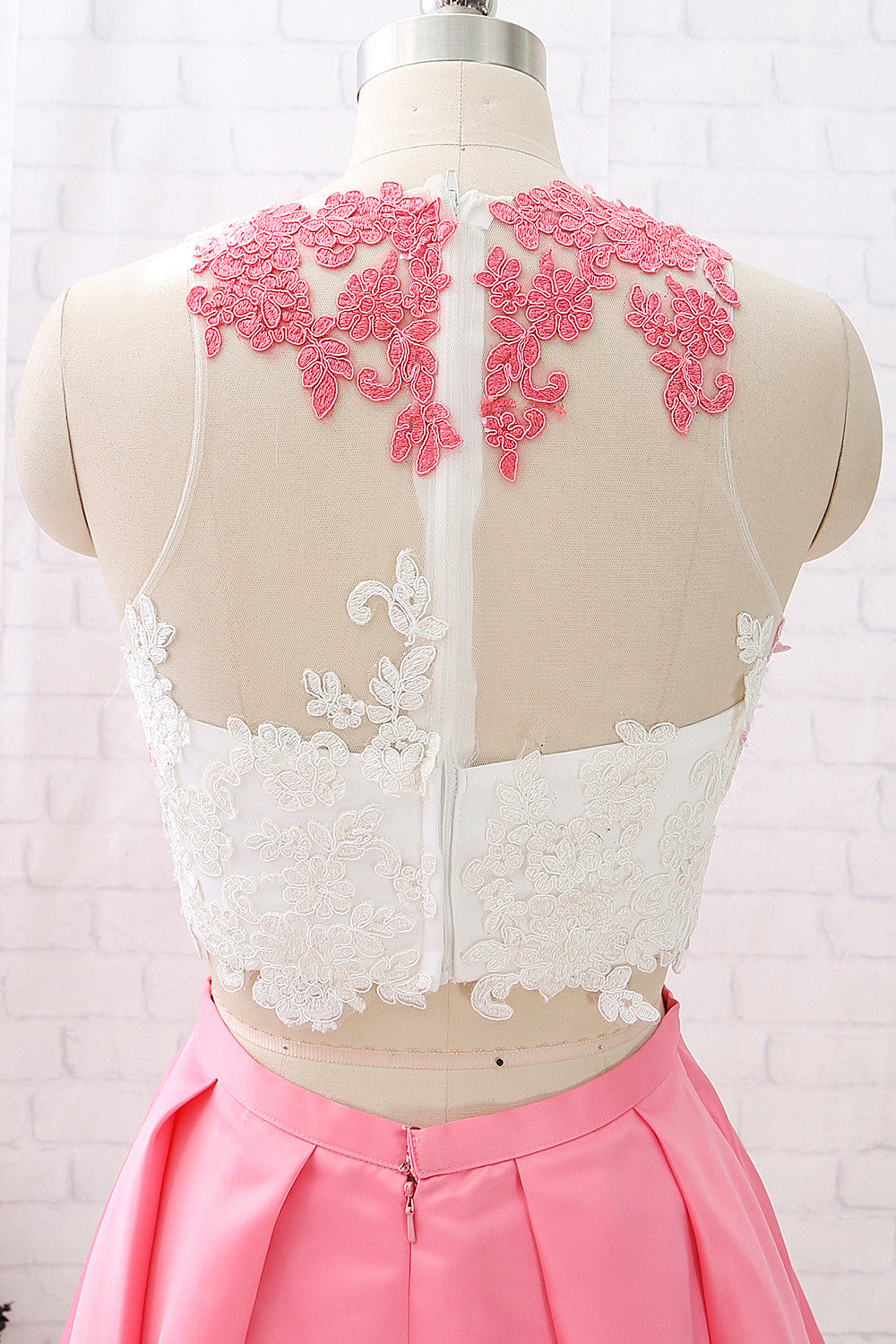 Vestido mini rosa de satén con encaje de dos piezas de MACloth para fiesta de graduación y regreso a casa