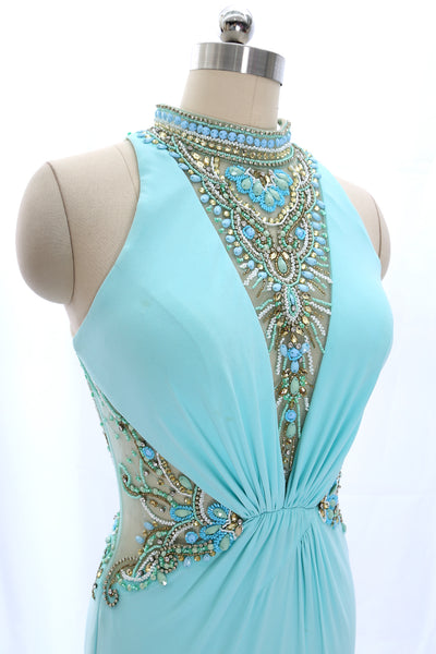 MACloth Sheath High neck Beaded Long Aqua Prom Dress Jersey Formal Gown