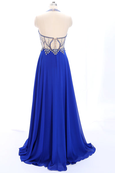 MACloth Halter Beaded Long Chiffon Prom Dress Royal Blue Formal Gown