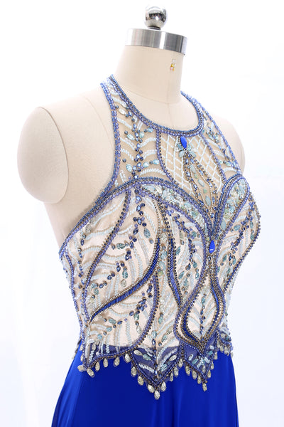 MACloth Halter Beaded Long Chiffon Prom Dress Royal Blue Formal Gown