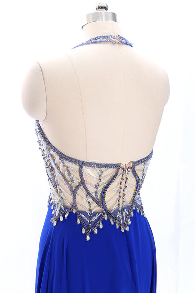 MACloth Halter Beaded Long Chiffon Prom Dress Royal Blue Formal Gown