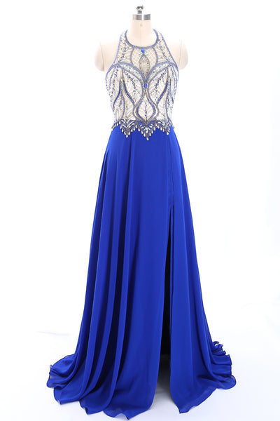 MACloth Halter Beaded Long Chiffon Prom Dress Royal Blue Formal Gown