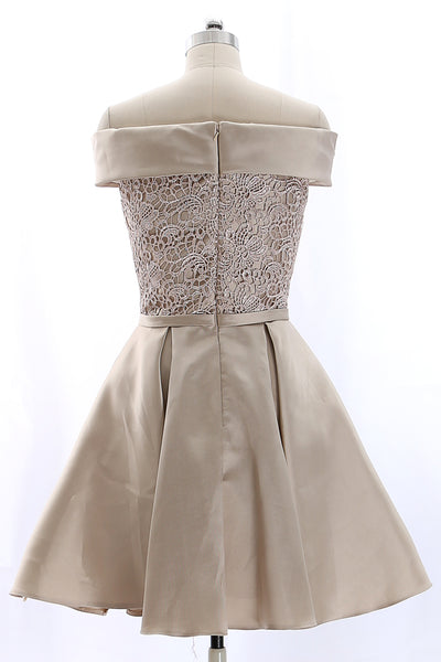 MACloth Off the Shoulder Lace Satin Champagne Mini Prom Homecoming Dress