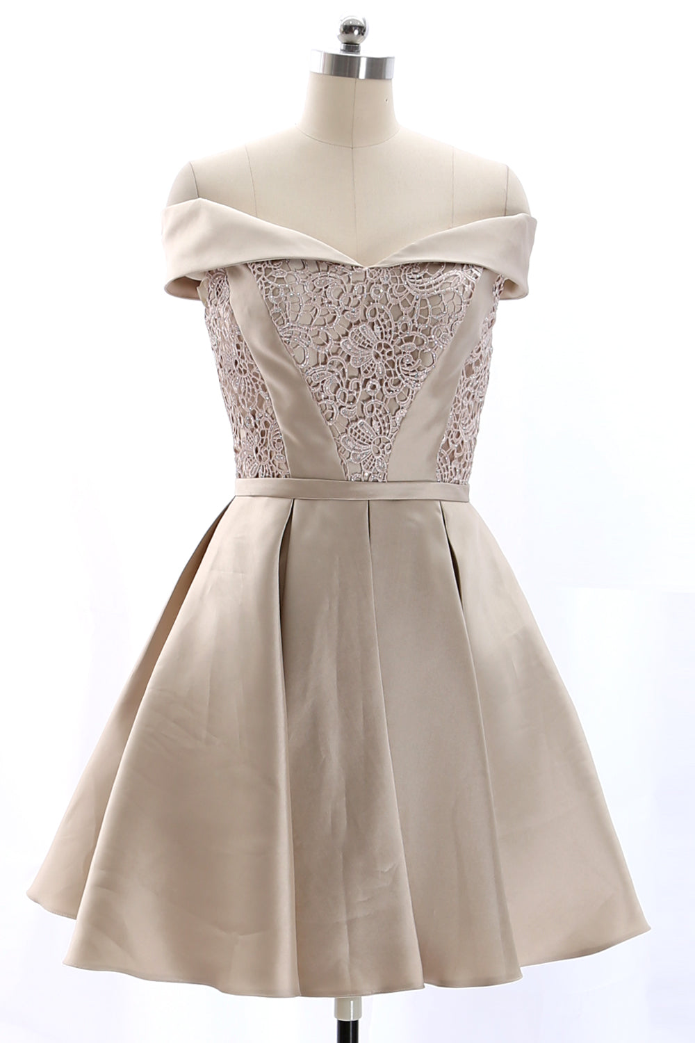 MACloth Schulterfreies Mini-Ballkleid aus Spitze und Satin in Champagner