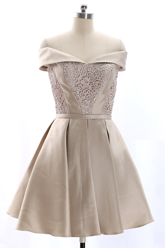 MACloth Off the Shoulder Lace Satin Champagne Mini Prom Homecoming Dress