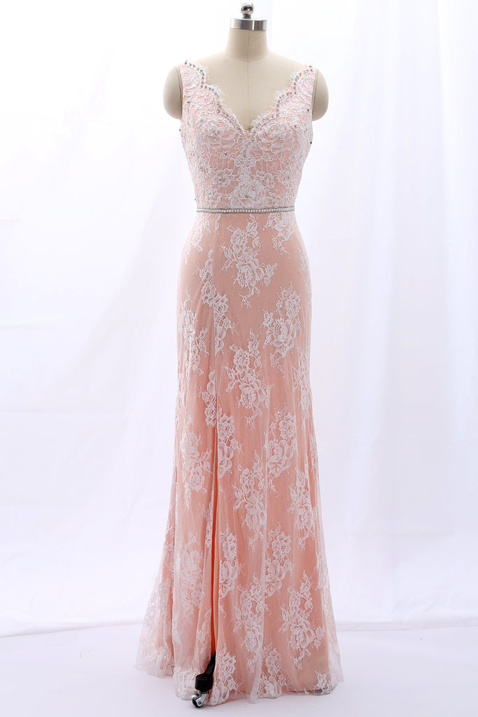 MACloth Straps V Neck Beaded Lace Pink Formal Evening Gown