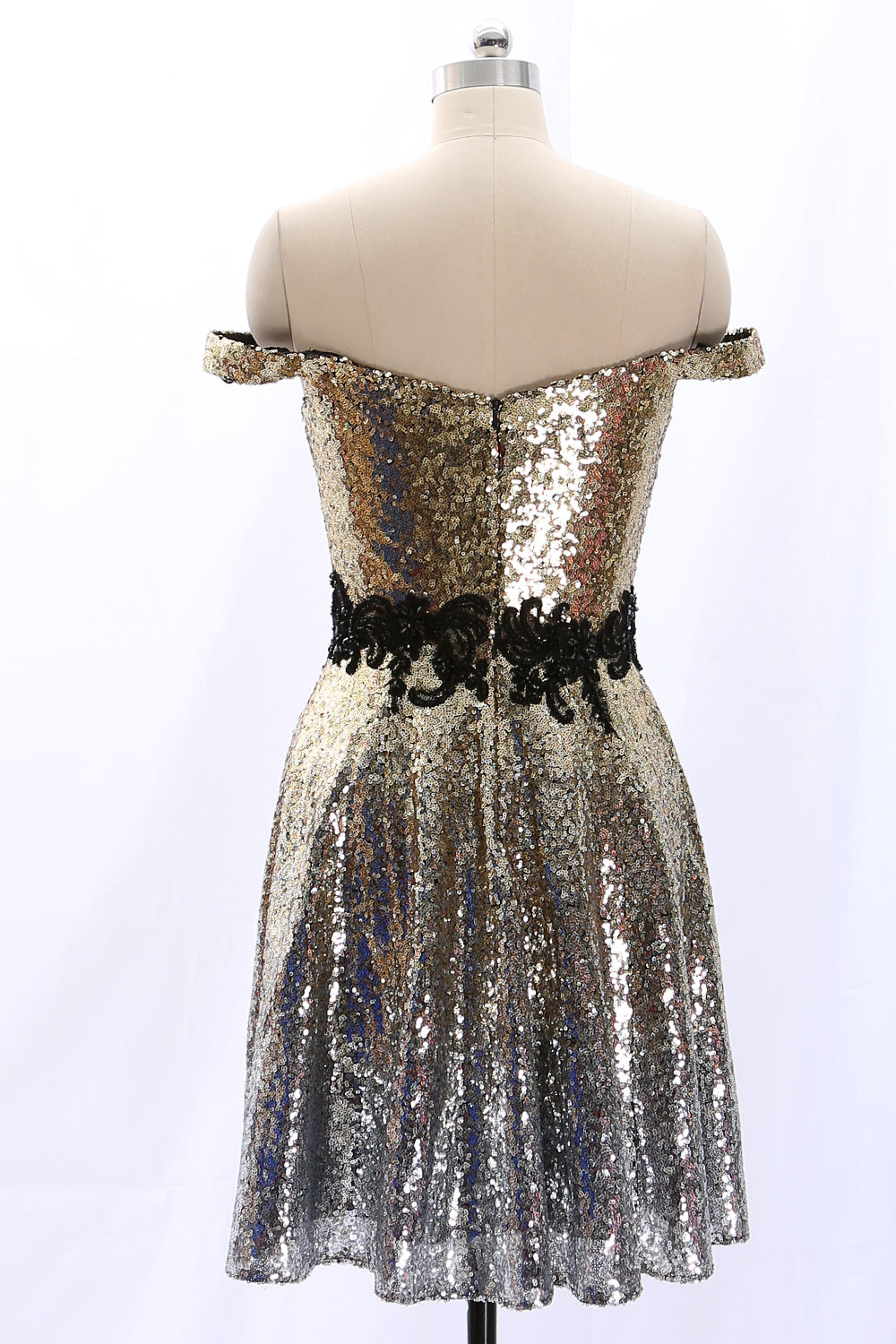 MACloth Schulterfreies Mini-Abschlussballkleid mit Pailletten und goldenem Partykleid