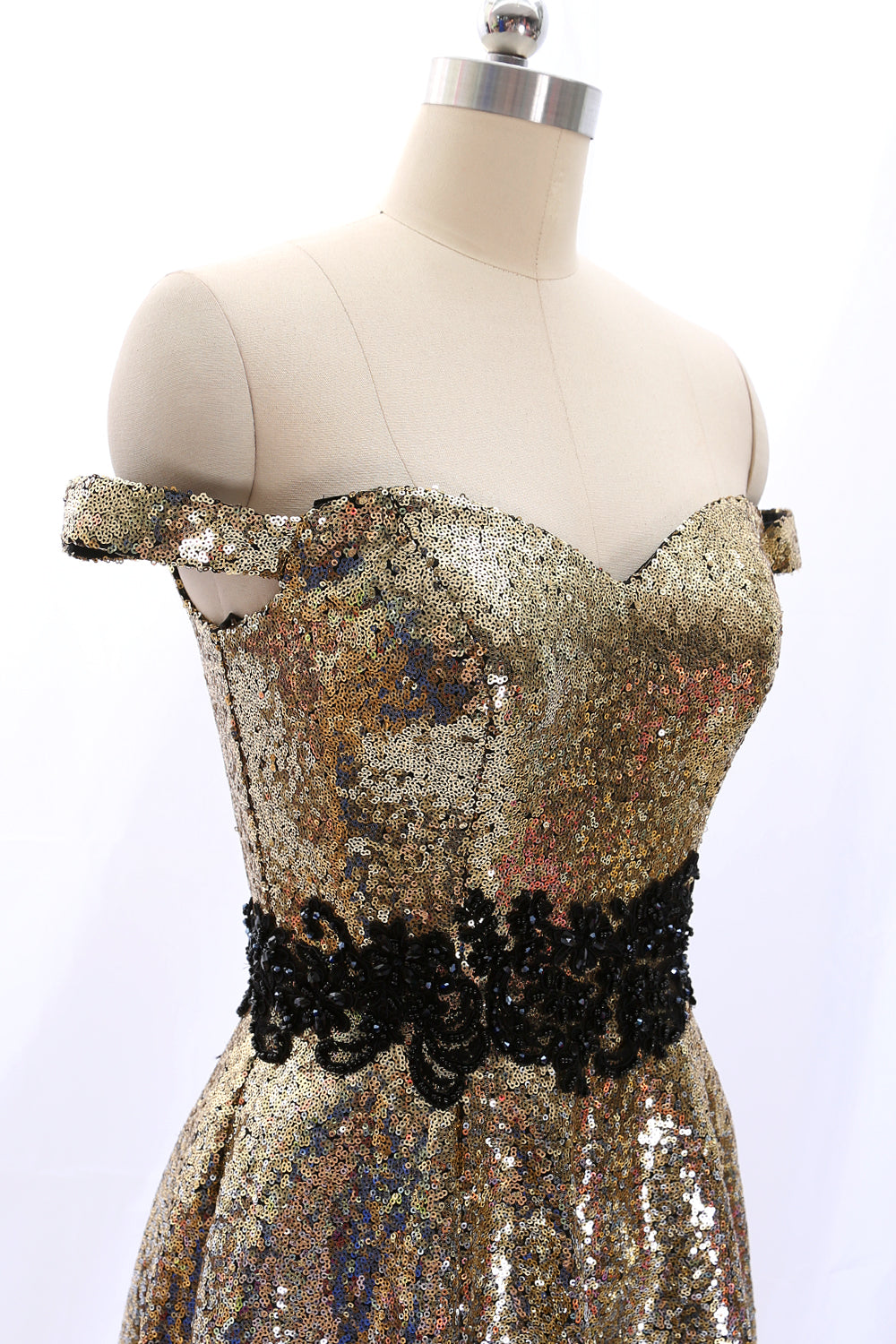 MACloth Schulterfreies Mini-Abschlussballkleid mit Pailletten und goldenem Partykleid