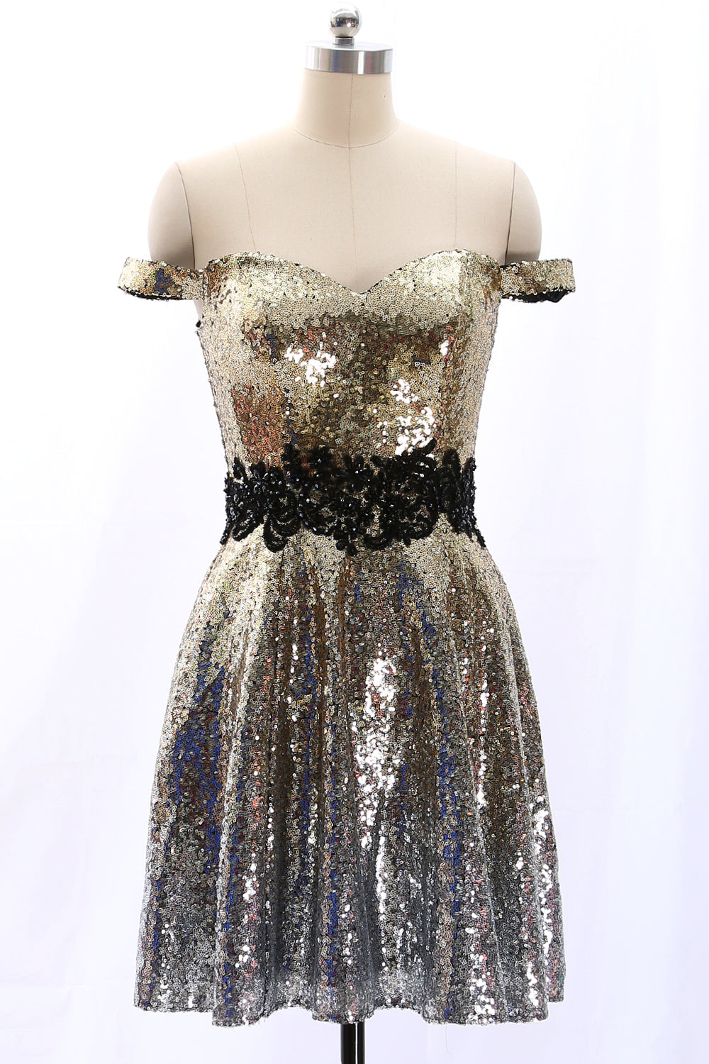 MACloth Schulterfreies Mini-Abschlussballkleid mit Pailletten und goldenem Partykleid