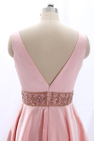 MACloth Deep V Neck Satin Pink Mini Prom Homecoming Dress Wedding Party Dress
