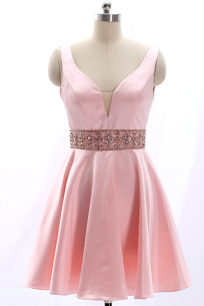 MACloth Deep V Neck Satin Pink Mini Prom Homecoming Dress Wedding Party Dress