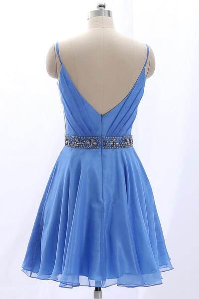 MACloth Straps V Neck Chiffon Short Prom Homecoming Dress Blue Wedding Party Dress