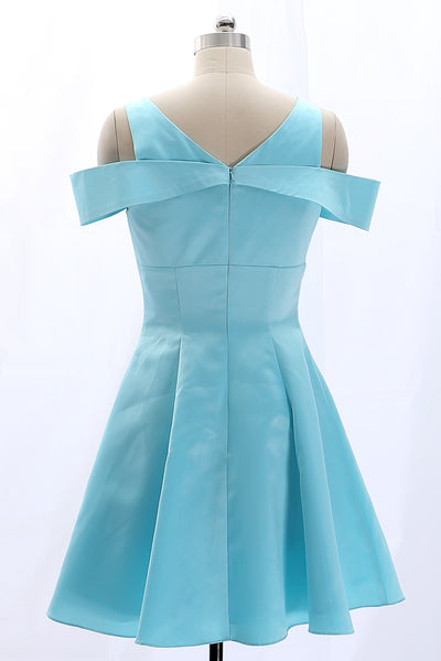 MACloth Off the Shoulder Sky Blue Satin Mini Prom Homecoming Dress Wedding Party Formal Gown