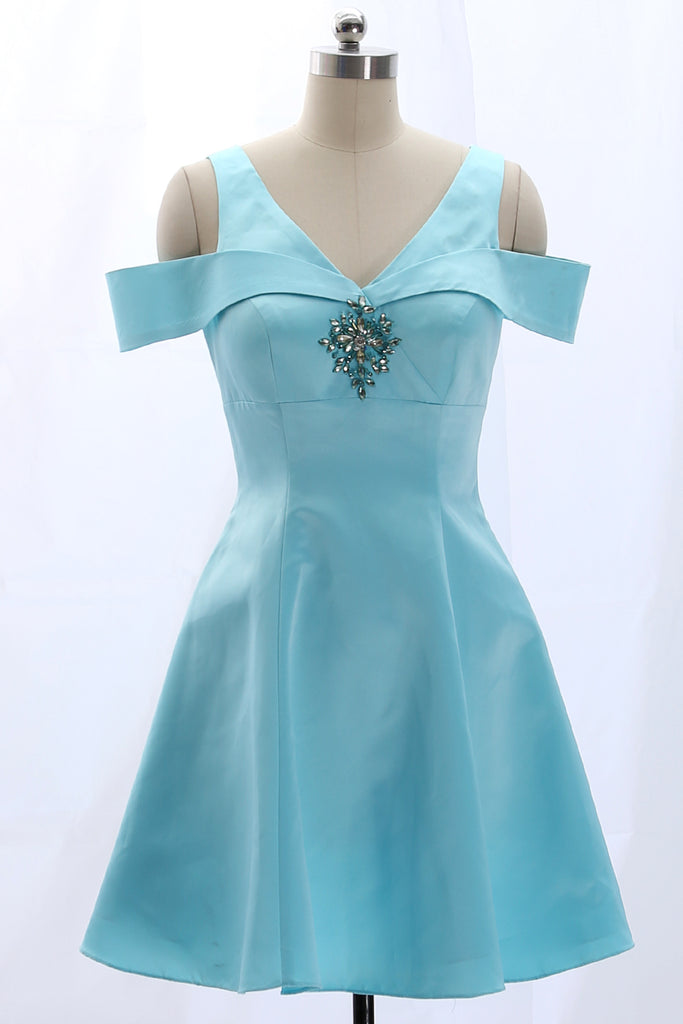 MACloth Off the Shoulder Sky Blue Satin Mini Prom Homecoming Dress Wedding Party Formal Gown
