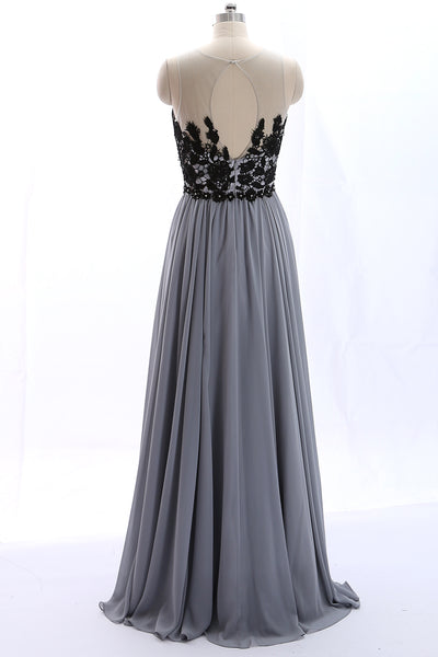 MACloth O Neck Lace Chiffon Gray Vintage Long Prom Dress Formal Evening Gown