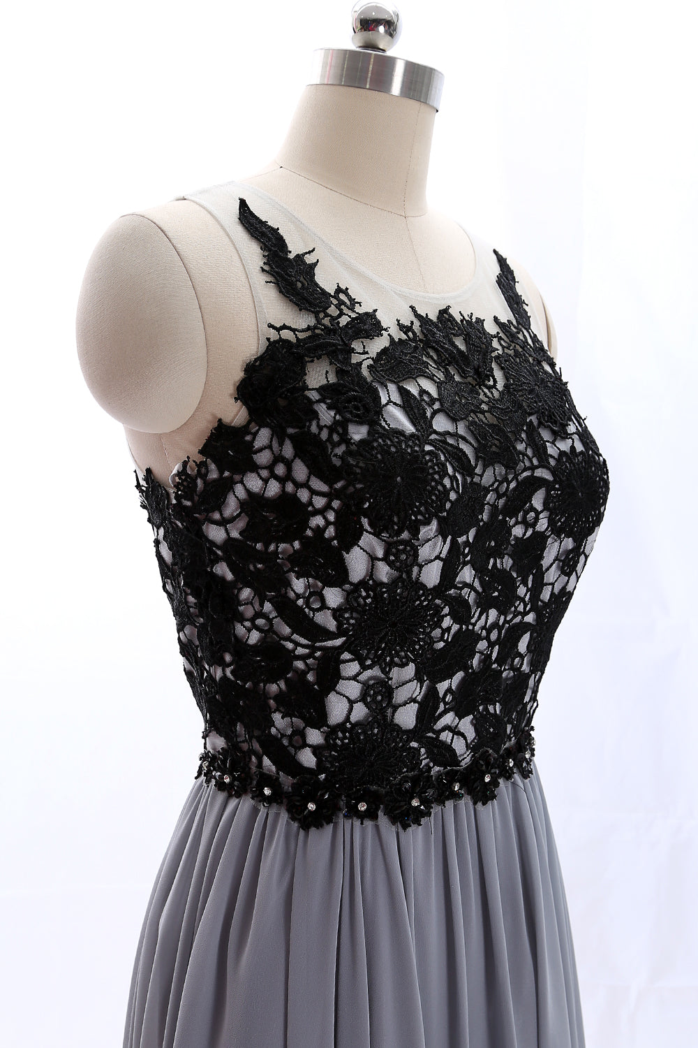 MACloth O-Ausschnitt Spitze Chiffon Grau Vintage Langes Ballkleid Formales Abendkleid