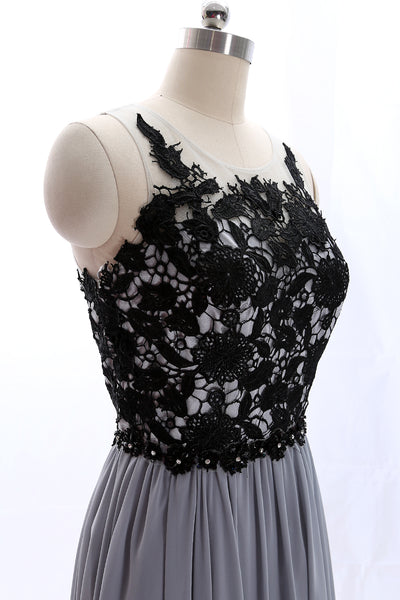 MACloth O Neck Lace Chiffon Gray Vintage Long Prom Dress Formal Evening Gown