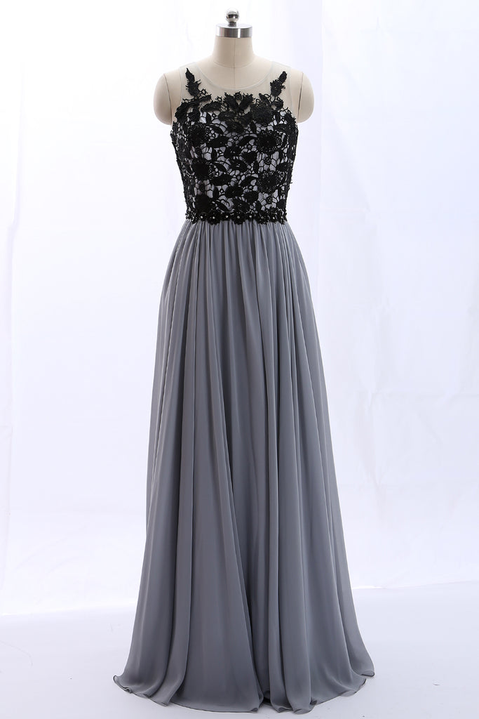 MACloth O Neck Lace Chiffon Gray Vintage Long Prom Dress Formal Evening Gown