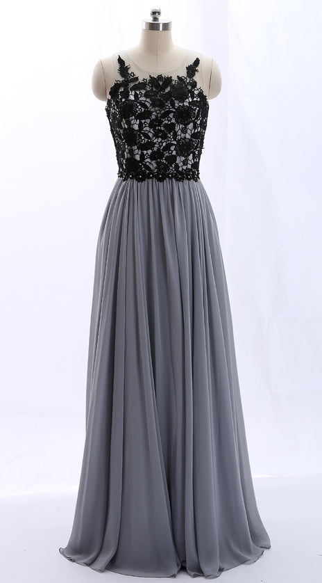 MACloth O Neck Lace Chiffon Gray Vintage Long Prom Dress Formal Evening Gown