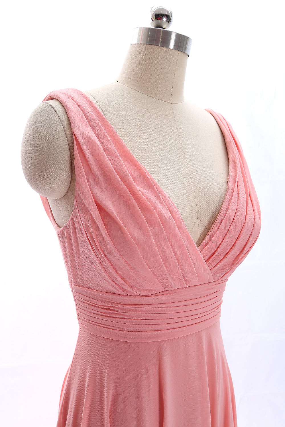 Vestido de fiesta largo de gasa color melocotón con escote en V y tirantes de MACloth para dama de honor