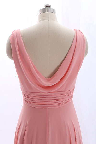 MACloth Straps V Neck Cowl Back Chiffon Peach Prom Dress Long Bridesmaid Gown