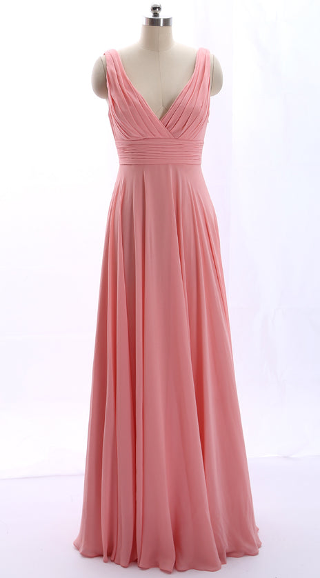 MACloth Straps V Neck Cowl Back Chiffon Peach Prom Dress Long Bridesmaid Gown