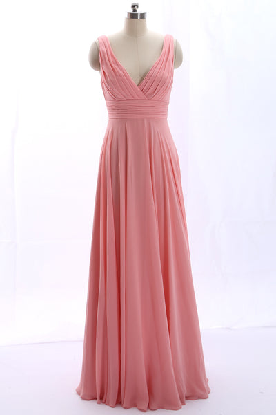 MACloth Straps V Neck Cowl Back Chiffon Peach Prom Dress Long Bridesmaid Gown