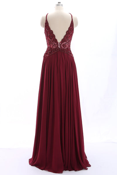 MACloth Halter Lace Beaded Chiffon Burgundy Long Prom Dress Formal Evening Gown