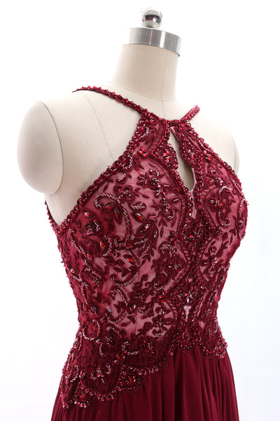 MACloth Halter Lace Beaded Chiffon Burgundy Long Prom Dress Formal Evening Gown