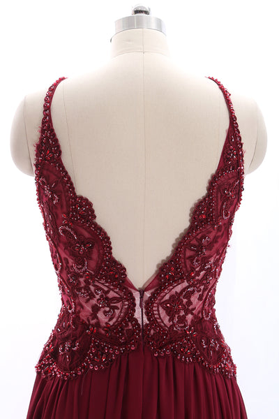 MACloth Halter Lace Beaded Chiffon Burgundy Long Prom Dress Formal Evening Gown