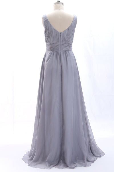 MACloth Straps V neck Chiffon Silver Long Bridesmaid Dress Wedding Party Formal Gown