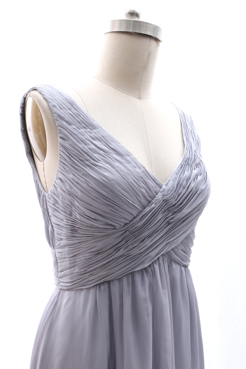 MACloth Straps V neck Chiffon Silver Long Bridesmaid Dress Wedding Party Formal Gown