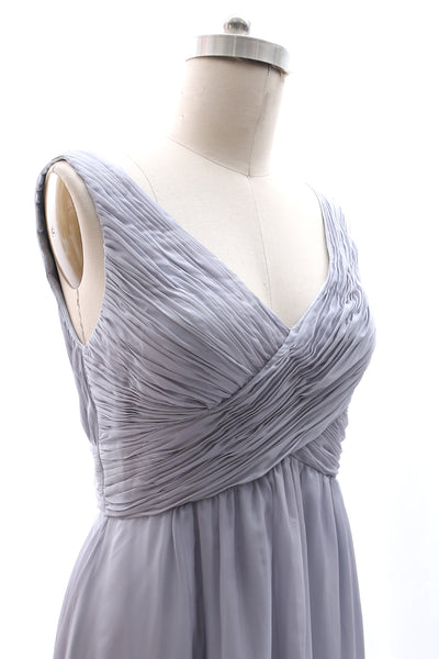 MACloth Straps V neck Chiffon Silver Long Bridesmaid Dress Wedding Party Formal Gown