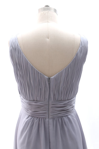 MACloth Straps V neck Chiffon Silver Long Bridesmaid Dress Wedding Party Formal Gown