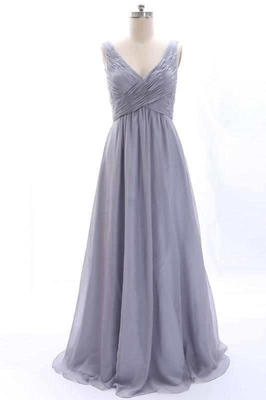 MACloth Träger V-Ausschnitt Chiffon Silber Langes Brautjungfernkleid Hochzeitsfeier Abendkleid